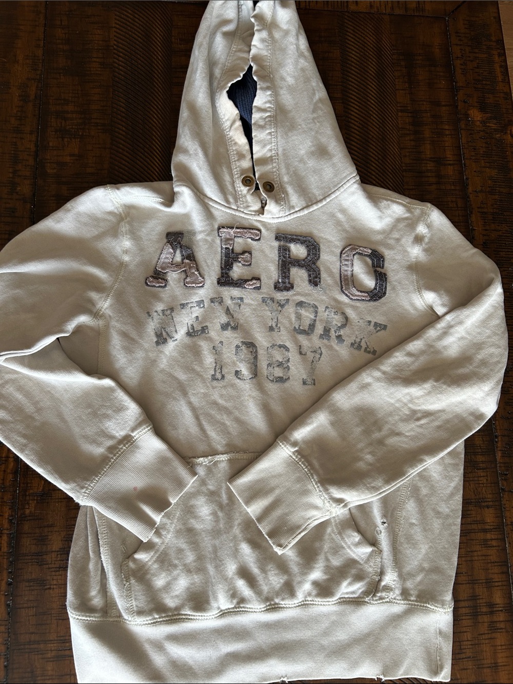 Aeropostale Cream Pullover Hoodie with Distressed Logo
